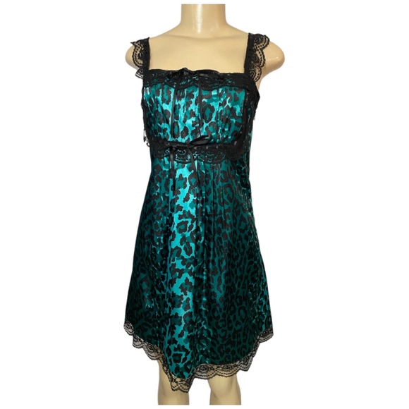 Y2K Betsey Johnson Slip Dress Size P Animal Print Satin Lace Teal Black - Picture 3 of 14